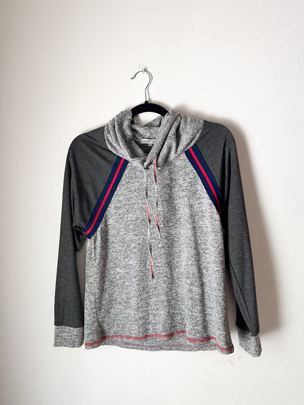 Fitz + Eddi Cowl Neck Pullover Small Gray Colorblock Athleisure Top Soft Knit